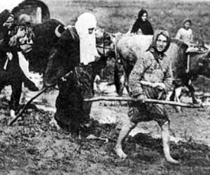 Barefooted Turkish women and children fleeing from certain death at the hands of Balkan Christians - note, men are already killed.